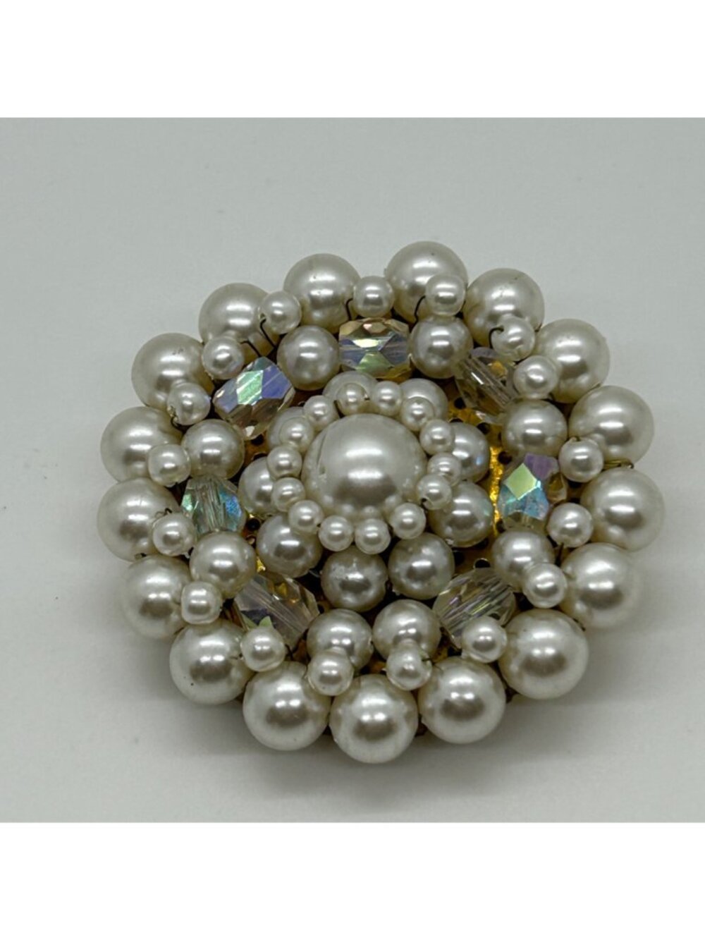 Vintage Faux Pearl Brooch Aurora Borealis Crystals Wreath Cluster 1950s Japan - Picture 2 of 13